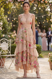 Floral Tiered Blush V-Neck Wedding Guest Dress