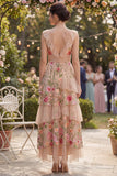 Floral Tiered Blush V-Neck Wedding Guest Dress