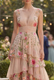 Floral Tiered Blush V-Neck Wedding Guest Dress