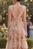 Floral Tiered Blush V-Neck Wedding Guest Dress