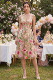 Blush V-Neck A Line Floral Midi Wedding Guest Dress