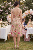 Blush V-Neck A Line Floral Midi Wedding Guest Dress