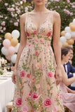 Blush V-Neck A Line Floral Midi Wedding Guest Dress