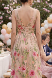 Blush V-Neck A Line Floral Midi Wedding Guest Dress
