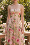 Strapless A Line Blush Floral Wedding Guest Dress