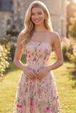 Strapless A Line Blush Floral Wedding Guest Dress
