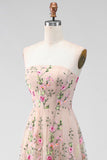 Strapless A Line Blush Floral Wedding Guest Dress