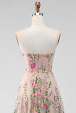 Strapless A Line Blush Floral Wedding Guest Dress
