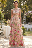 A Line Bateau Neck Blush Floral Wedding Guest Dress