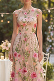 A Line Bateau Neck Blush Floral Wedding Guest Dress