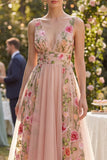 Floral Blush V-Neck High-Low Wedding Guest Dress