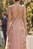 Floral Blush V-Neck High-Low Wedding Guest Dress