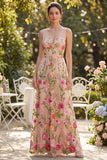 Blush Floral A Line V-Neck Long Wedding Guest Dress