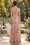 Blush Floral A Line V-Neck Long Wedding Guest Dress