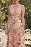 Blush Floral A Line V-Neck Long Wedding Guest Dress
