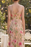 Blush Floral A Line V-Neck Long Wedding Guest Dress