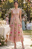 Blush Corset Floral V-Neck Midi Wedding Guest Dress