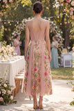 Blush Corset Floral V-Neck Midi Wedding Guest Dress
