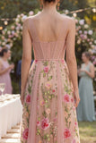 Blush Corset Floral V-Neck Midi Wedding Guest Dress