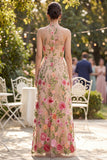 High Neck Floral Blush A Line Wedding Guest Dress