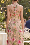High Neck Floral Blush A Line Wedding Guest Dress