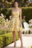 Floral Yellow Spaghetti Straps Ruffles Wedding Guest Dress with Sash