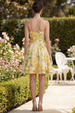 Floral Yellow Spaghetti Straps Ruffles Wedding Guest Dress with Sash