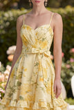 Floral Yellow Spaghetti Straps Ruffles Wedding Guest Dress with Sash