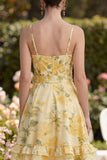 Floral Yellow Spaghetti Straps Ruffles Wedding Guest Dress with Sash