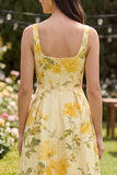 A Line Square Neck Floral Yellow Wedding Guest Dress