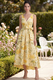 Yellow V-Neck A Line Floral Wedding Guest Dress with Sash