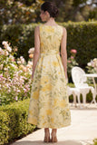 Yellow V-Neck A Line Floral Wedding Guest Dress with Sash