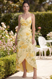 Yellow Spaghetti Straps Floral Ruched Wedding Guest Dress