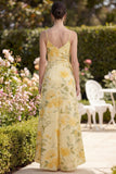 Yellow Spaghetti Straps Floral Ruched Wedding Guest Dress