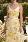 Yellow Spaghetti Straps Floral Ruched Wedding Guest Dress