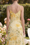 Yellow Spaghetti Straps Floral Ruched Wedding Guest Dress