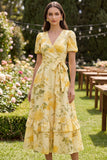 Floral V-Neck Yellow Ruffled Wedding Guest Dress with Sash