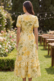 Floral V-Neck Yellow Ruffled Wedding Guest Dress with Sash