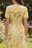 Floral V-Neck Yellow Ruffled Wedding Guest Dress with Sash