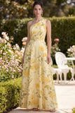 One Shoulder Yellow Floral Ruched Wedding Guest Dress
