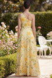 One Shoulder Yellow Floral Ruched Wedding Guest Dress