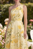 One Shoulder Yellow Floral Ruched Wedding Guest Dress