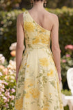 One Shoulder Yellow Floral Ruched Wedding Guest Dress