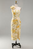 Sheath Floral One Shoulder Yellow Wedding Guest Dress with Slit
