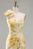 Sheath Floral One Shoulder Yellow Wedding Guest Dress with Slit