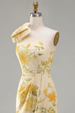 Sheath Floral One Shoulder Yellow Wedding Guest Dress with Slit