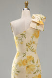 Sheath Floral One Shoulder Yellow Wedding Guest Dress with Slit