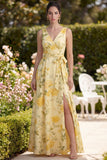 A Line Yellow V-Neck Floral Wedding Guest Dress with Slit