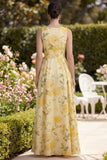A Line Yellow V-Neck Floral Wedding Guest Dress with Slit