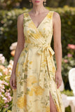 A Line Yellow V-Neck Floral Wedding Guest Dress with Slit